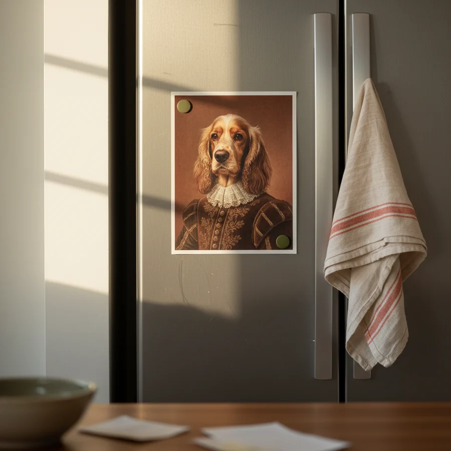A storybook golden retriever portrait taped to a busy fridge door
