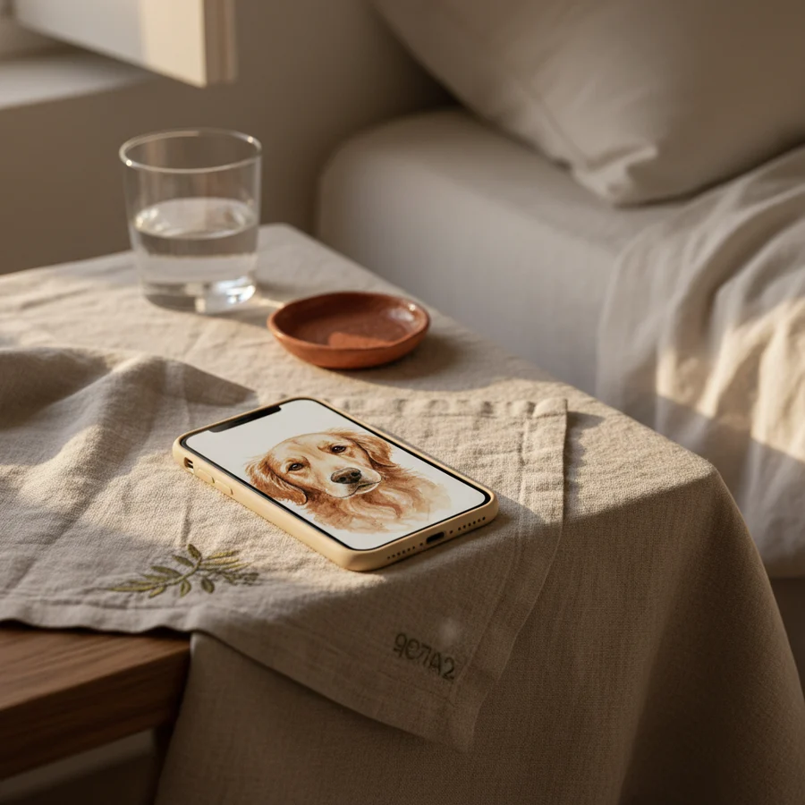 A hand holding a phone in bed showing a watercolour tabby cat